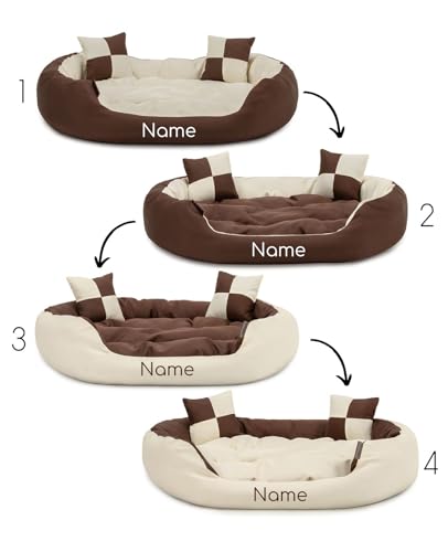 lionto Hundebett 4-in-1 mit Wendekissen aus robustem Oxford, 85x70 cm, Heimtierkissen Kratzfest mit tiefem Einstieg für Katzen und Hunde Aller Größen, wasserabweisend, braun/beige (Namensaufdruck)
