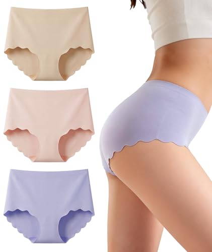 Gladbecke Bragas Tangas Sin Costuras Mujer, Cintura Alta Costuras De LenceríA Invisible, Ropa Interior Braguitasmujeres, BrasileñAs Women Thong Underweear, Morado/Rosa/Albaricoque, Pack de 3, XXL