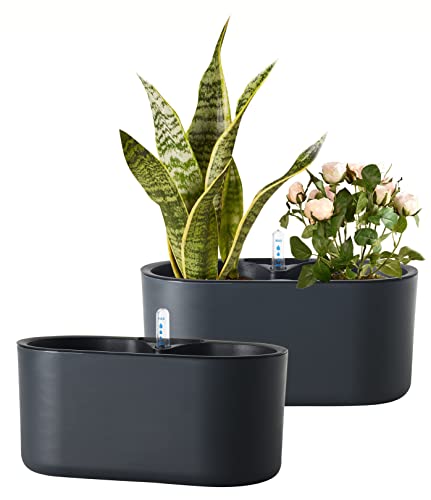 Oval Self Watering Planter Pots 5.6 x 11 inch Home Garden Modern Decorative Planter Pot for All House Plants Flowers Herbs (Black, 2)
