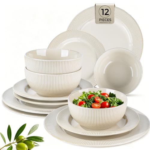 Image of GBHOME Ceramic Dinnerware Sets,12 pcs Embossed Elegant Stoneware Plates and Bowls Sets, Housewarming Wedding Gift | Dishwasher & Microwave Safe | Dishes Set Service for 4