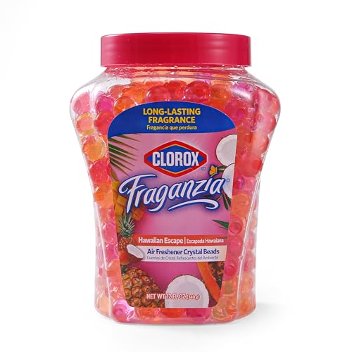 Image of Clorox Fraganzia Crystal Beads Air Freshener, Long Lasting Room Deodorizer and Odor Eliminator Gel Beads to Freshen Home, Car, or Office, Island Escape Scent, 12 Fl Oz (Pack of 12)