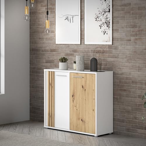 Forte Cardigan Kommode 100, Moderne Kommode, 2-türig mit Lamellendesign, Wohn-/Schlafzimmer, Artisan Eiche Holzdekor|Weiß, 95,8 cm breit x 82,3 cm hoch x 34,3 cm tief