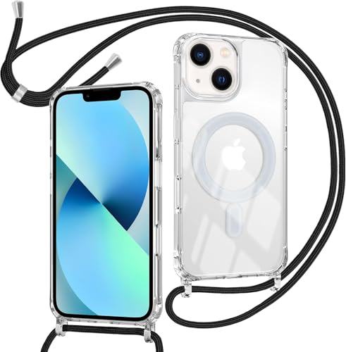 ZYIMOU für iPhone 13 / iPhone 14 Hülle mit Band Kompatibel mit MagSafe Transparent Magnetische Handyhülle mit Kordel zum Umhängen Handyband Stossfest SchutzhülleKette Schwarz