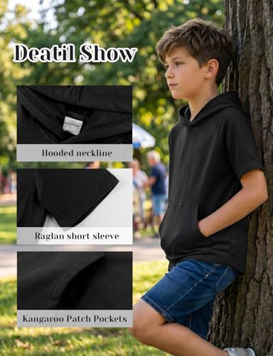 Image of Spring&Gege Boys Light Weight Short Sleeve Hoodie Casual Solid Pullover Hooded T-shirt with Pocket