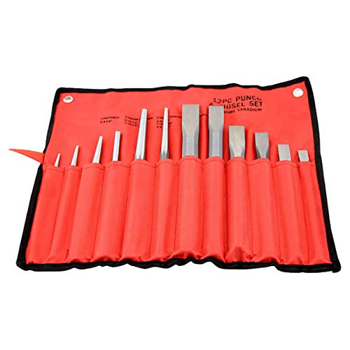 XtremepowerUS 12-Pieces Professional Punch and Chisel Set Mechanics Pin Tapered Center Chisel Punch with Carrying Pouch
