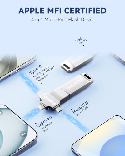 Image of MFi Certified Photo Stick 512GB USB 3.0 Flash Drive for iPhone, 4 in 1 External Thumb Drive for Picture Video Backup, High Speed Memory Stick Pen Drive for iPhone /iPad /Android /PC (Silver)