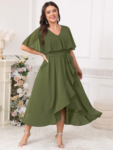 Image of Women Plus Size Long Formal Dress Short Sleeve Chiffon Ruffle V Neck High Low Split Wedding Guest Maxi Dresses