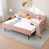 Twin Size Daybed with Pop Up Trundle Bed,Velvet Twin to King Size Day Bed Frame with USB Ports&Side Pockets,Upholstered Extendable Wooden Sofa Bed for Living Room,Bedroom,No Box Spring Needed,Pink