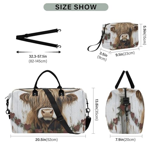 Duffel Bag for Traveling, Vintage Highland Cow Board Gym Bags with Multiple Interior Pockets for Women Men Toiletry Purse Included 20.5”x 1.9” x 13.8”3