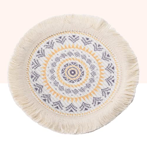 Kitchtic Round Boho Placemats - 9X9-Inch Washable Cotton Table Mats - Thick Circular Tassel Woven Placemat For Dining Table - Colorful Bohemian Placemats For Table Setting - Kitchen Heat-Proof Pads #TOP5