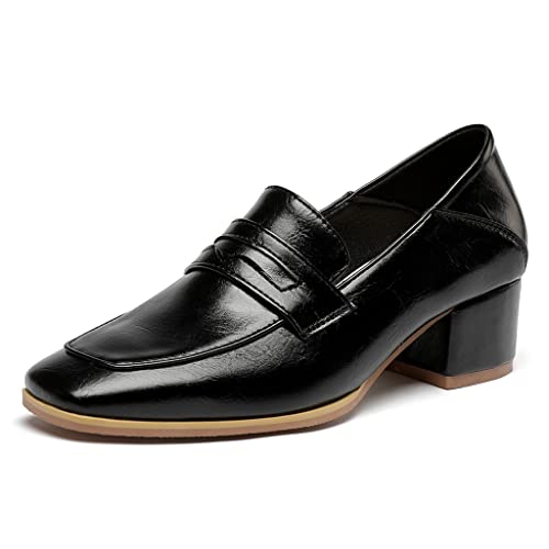 Women's Classic Slip On Penny Loafers Pumps Square Toe Block Mid Heel Business Office Dress Shoes