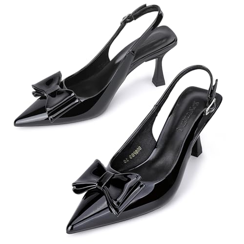 Zelaprox Women's Pointed Toe Slingback Pumps with Adjustable Buckle Strap Patent Leather Bow Knot Closed Heel Pump for Dating Party Work Bridal Wedding Guest Dress Prom
