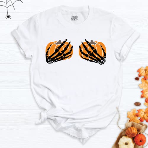 Halloween T-Shirt For Women, Funny Skeleton Pumpkin Hands Shirt, 2023 Halloween Costume, Halloween T-Shirt, Skeleton Shirt, Pumpkin Bra Graphic Tee #TOP1