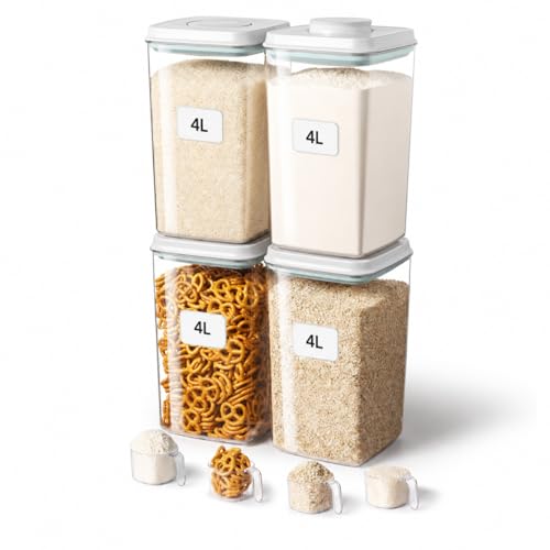 Zolirao 4L Airtight Food Storage Containers - Stackable Square PET Pantry Jars with Press Button Lid & 130ml Measuring Cup for Dry Foods (Set of 4)