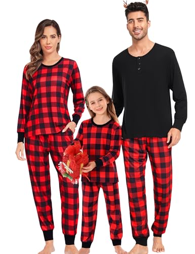SWOMOG Matching Couple Pajamas Christmas Pjs Long Sleeve Holiday Sleepwear Lightweight Soft Loungewear for Men and Women Red Plaid