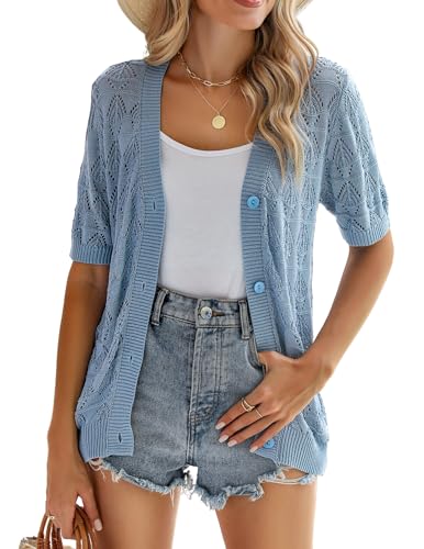 Image of Zeagoo Women's Short Sleeve 2026 Summer Crochet Cropped Cardigan V Neck Button up Bolero Shrug Sweater