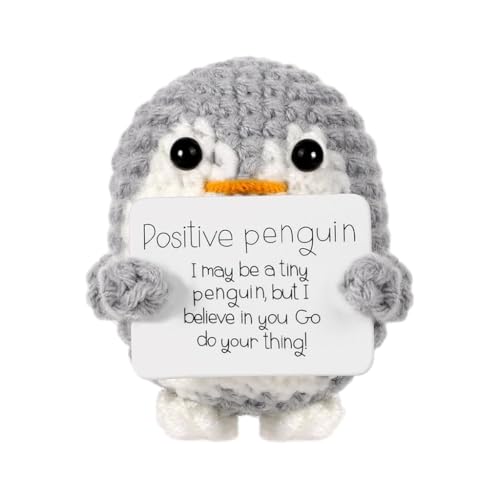 Image of Zibuyu Handmade Crochet Penguin Desk Decor with Positive Message Card Cute Motivational Crochet Toys Gift for Office Home Baby Nursery, Gery