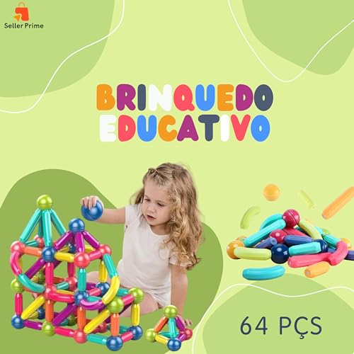 Blocos de Montar Magnéticos 64 Peças – Estimule a Criatividade, Coordenação Motora e Educação STEM –