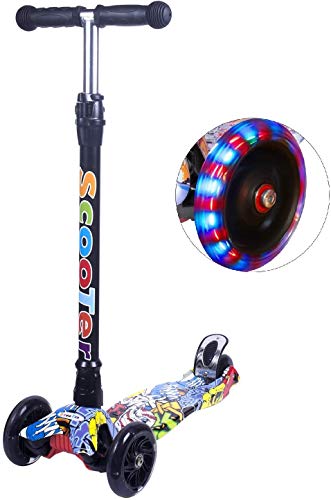 Yuanj Scooter Kinderroller, Dreiradscooter für Mädchen und Jungen 3-13 Jahre alt, Höhenverstellbarer Kickscooter mit hinterer Sicherheitsbremse, Graffiti Roller Kinder mit PU Räder