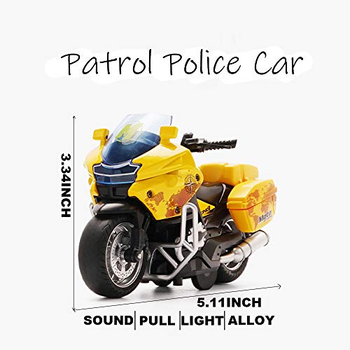 Gilumza Pull Back Motorcycle Toys, Tiny Gift with Music Lighting, Police Motorcycles Toy for Boys Kids Age 3-12 Year Old (Yellow)