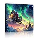 オーロラ夜空キャンバスウォールアートサンタそり雪山松林ウォールアートプリントクリスマスリビングルーム壁装飾50x50cmインナーフレーム