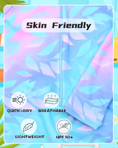 Image of Girls Long Sleeve One Piece Swimsuit Rash Guard Swimwear Zipper Quick Dry Bathing Suits Sun Protection UPF 50+ (Ages 4-12)