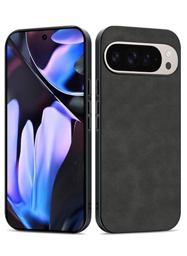 Coque Google Pixel 9 Pro XL anti-rayures en TPU souple et cuir noir antichoc