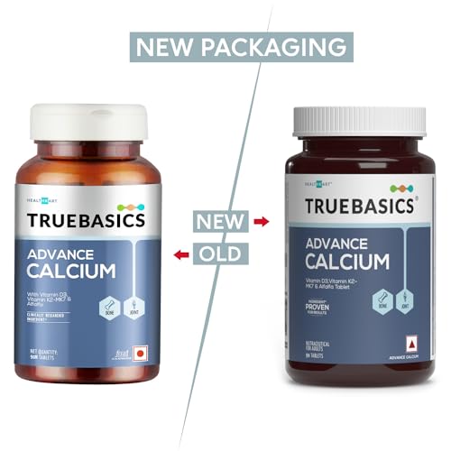 Image of TrueBasics Advance Calcium Tablets for Women and Men, with Vitamin D3, Vitamin K2-MK7, Magnesium, Zinc, Alfalfa, Clinically Researched Ingredients, 90 Calcium Tablets