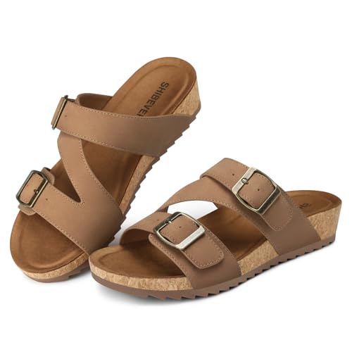 Image of SHIBEVER Comfortable Slides Sandals for Women: Wedge Adjustable Buckle Slip on Slide - Arch Support Open Toe Woman Sandal