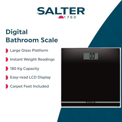 Salter 9205 BK3R Digital Bathroom Scale – Large Display Electronic Weighing Scales For Body Weight, Toughened Glass Platform, Lightweight, Instant Readings, Carpet Feet & Batteries Included, Black - 2