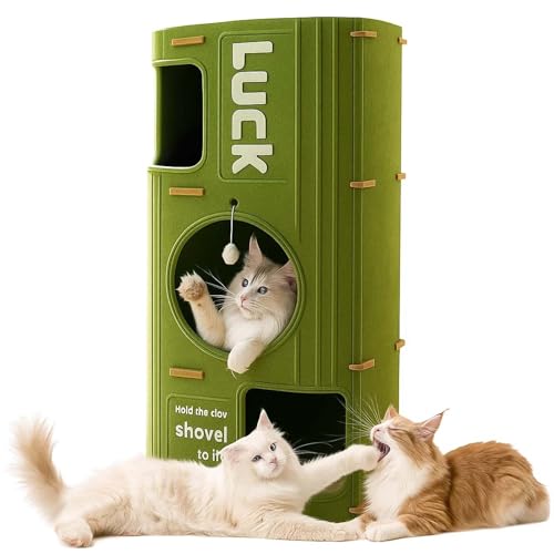 3-Tier Felt Cat House & Tunnel Bed for Indoor Cats – Enclosed Felt Cat Cave Condo with Plush Ball & Cushion – Cozy Hideaway Nest & Cat Furniture, Large Covered Casa para Gatos