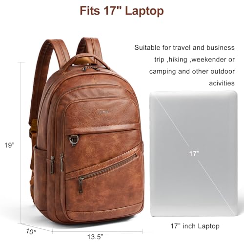 43L Backpack for Women Men - Vegan Leather Backpack Purse Travel Carry-on Bag College Bookbag Work fits 17" Laptop, Brown3