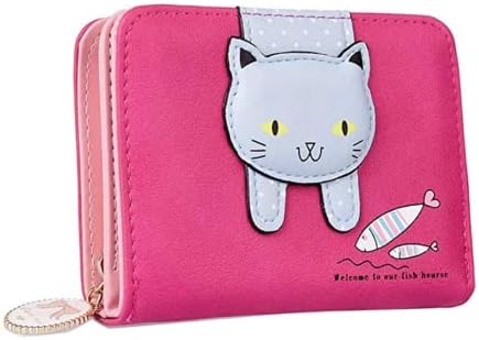 Girls Wallet Cute Cat Faux Leather Wallet Cat Pattern Purse Coin Card Holder Zipper Wallet (Rosy)