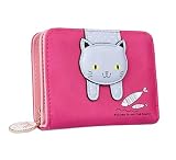 Girls Wallet Cute Cat Faux Leather Wallet Cat Pattern Purse Coin Card Holder Zipper Wallet (Rosy)
