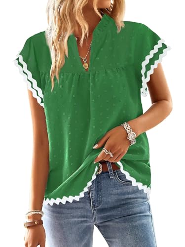 Falechay Womens Tops Summer Short Ruffle Sleeve Tunic V Neck Shirts Trendy Flowy Hem Blouses for Women Fashion Outfits Babydoll Lace Peasant Clothes Swiss Dot Boho Kelly Green Fall RIC Rac Trims M