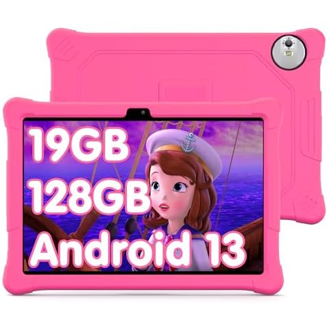 2025 Kids Tablet, 10.1 inch Tablet for Kids 19GB RAM 128GB ROM Android 13 Toddler Tablet with 8000mAh,Bluetooth, WiFi, GMS, Parental Control, Dual Camera, Shockproof Case, Educational Games-Pink Cover