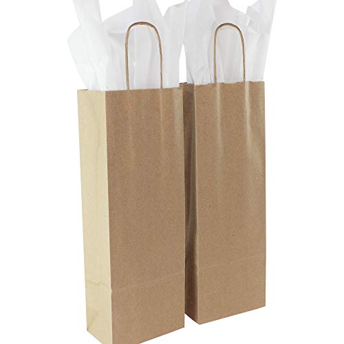 Saybrook Products Kraft Paper Wine Bags with Handles & Tissue Paper, Bulk 50 Pack. Premium Quality, 100% Recycled, Eco-Friendly, Reusable. Made in USA.5½ x 3¼ x13 inches. Brown