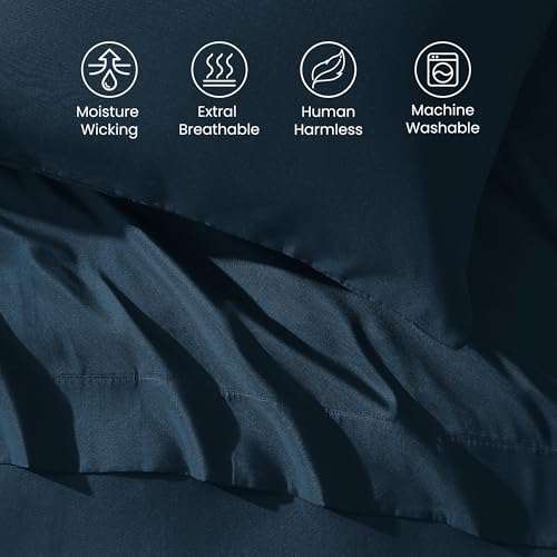 SLEEP ZONE Nanotex Super Soft Cooling Full Size Bed Sheets Set 4 Piece - Easy Care Fitted Flat Sheet & Pillowcase Sets - Wrinkle Free, Fade Resistant, Deep Pocket 16" (Navy Blue, Full)