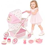 deAO 2 in 1 Puppenwagen mit Zubehör, Kinderwagen Spielzeug ab 3 Jahren