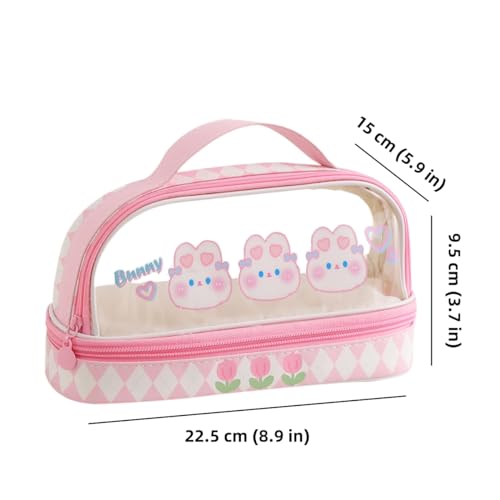 Image of Bunny Pencil Pouch with Handle Rabbit Kitten Bear Puppy Pen Case Cosmetic Bag Clear Case Transparent Waterproof Pink