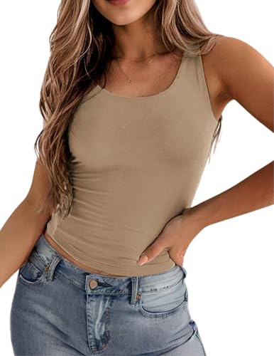 Zeagoo Cream Tank Top for Women Square Neck Double-Layer Tank Tops Casual Basic Sleeveless Shirts
