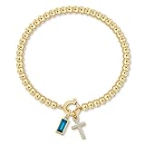 Korotho December Birthstone Bracelet for Women Teens, December Tourmaline Birthstone Beaded Bracelet Cross Charm 14K Gold Plated Bead Bracelets for Christmas Birthday Gifts Christian Jewelry (12)