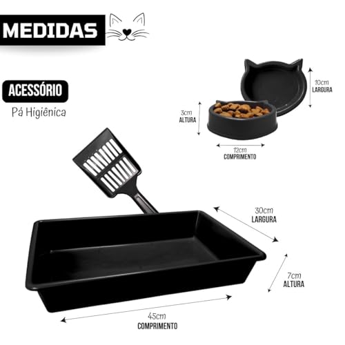 Caixa de Areia Para Gatos Bandeja Sanitária Kit Completo Comedor Bebedor Pá Coletora Higiênica (Pret