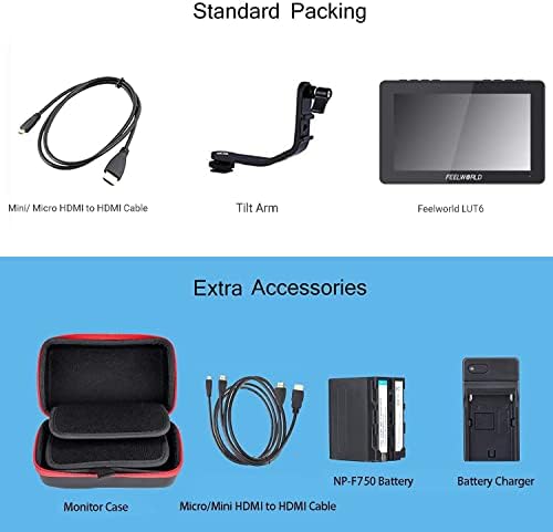 FEELWORLD LUT6 +NP-F750 Battery+ Charger+Carry Case 6 Inch 2600nits HDR 3D LUT Touch Screen DSLR Camera Field Monitor with Waveform VectorScope Histogram 4K HDMI Input Output 1920X1080 IPS Panel