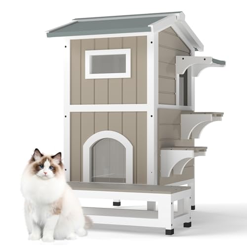 2-Story Cat House with 4 Doors,Indoor Outdoor Feral Cat Shelter for 2-3 Cats with Jumping Platforms,Large Balcony,Weatherproof Feral Cat Enclosure wit