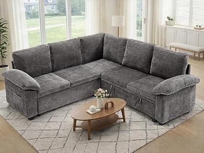 VIKAYAMICS 85" Modular Sectional Sofa Bed with Storage, L Shaped Pull Out Couch, Removable Chenille Sofa Cover for Living Room (Grey, 5 Seat)