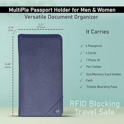 Family 4 Passport Holder - Travel Wallet RFID Blocking, Document Organizer, Essentials Plane Accessory Cover for Women Men (Blue)3