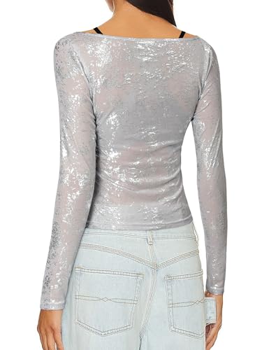 Women's Long Sleeve See Through Glitter Tops Ladies Boat Neck Mesh Sheer Sparkly Sexy Tight Blouses4
