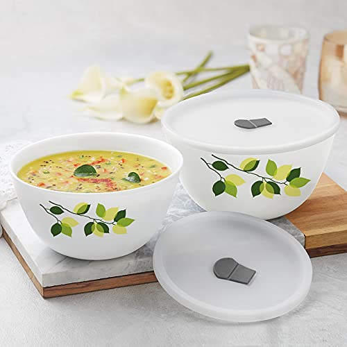 Larah By Borosil Green Leaves Mixing & Serving Bowl Set of 2 with Lid (1000 ml Each), Microwave Safe
