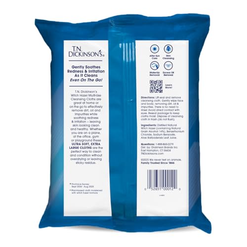 T.N. Dickinson's Witch Hazel Soothing MultiUse Cleansing Cloth, 4 Pack, 25 Cloths Per Pack,white